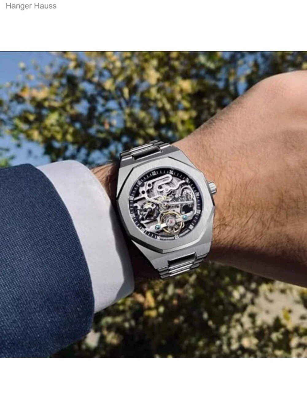 Vintage Men's Automatic Self-Wind Mechanical Watch, Octagonal Skeleton Dial,